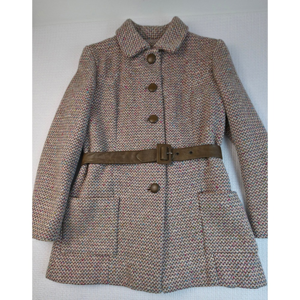 Womens Vintage Tweed Wool Belted Coat Multicolor Boucle Leather Belt No Size Tag
